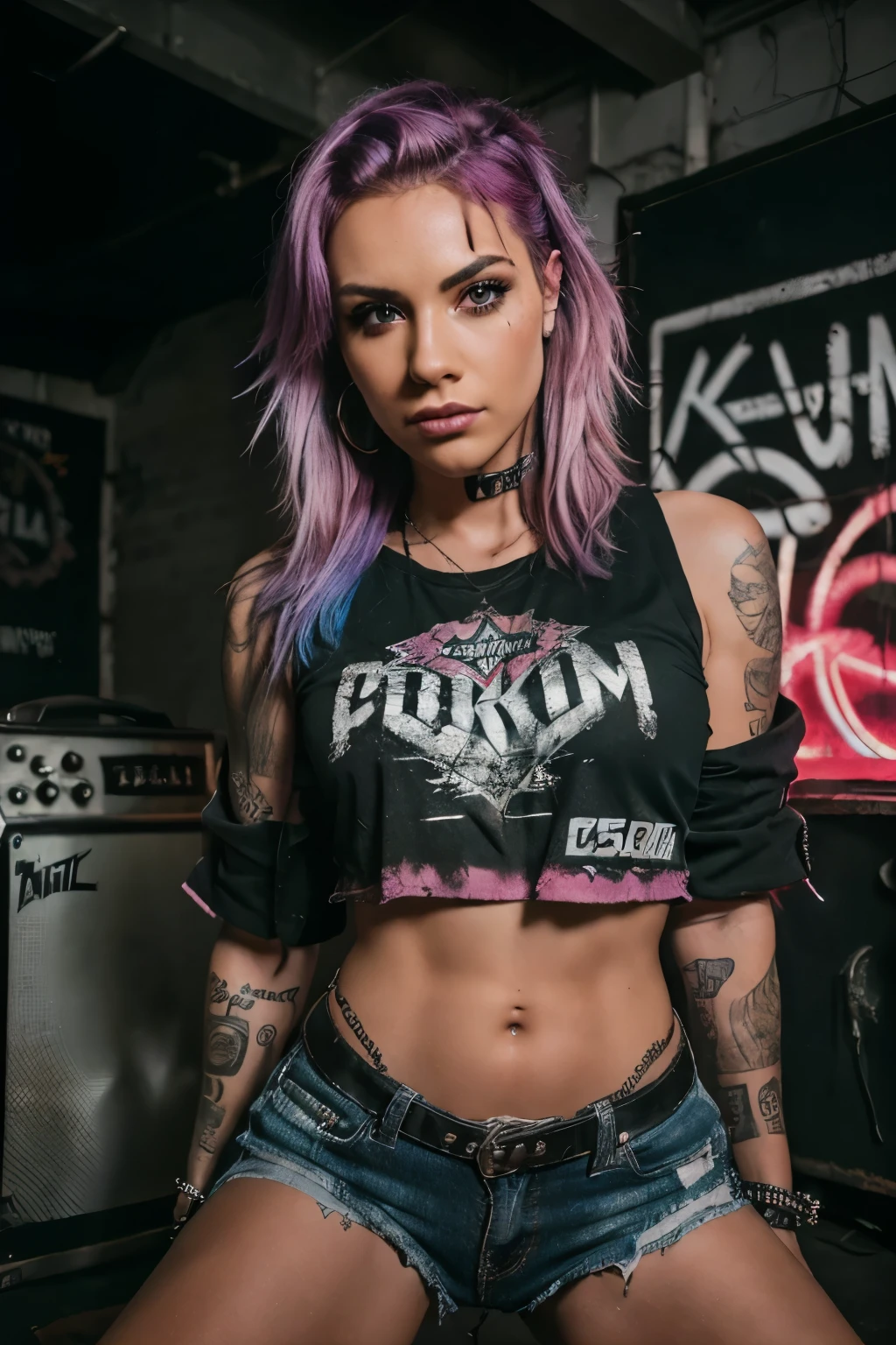 Photorealistic, ultra-detailed, ((back viewer, Nice Butt)), ((Rocker punk girl, black spiky mohawk hair)) girl, hot Body, ABS, tattoo, t-shirt write "666".portrait photo, grunge, side viewer, Solo, dimly lit room, edgy urban scene with graffiti, dark and moody, late evening, city lights flashing, neon lighting The essence of rock and roll, Spike hair, 18 years old, assertive, confident expression, showcasing multiple piercings, blurry background, grunge texture, Best contrast, industrial, Instagram LUT, Professional, 4k, electrifying gaze, shot on Nikon, 50mm, shallow depth of field, ((Abandoned Graffiti Wall Background, cinematic lighting )).