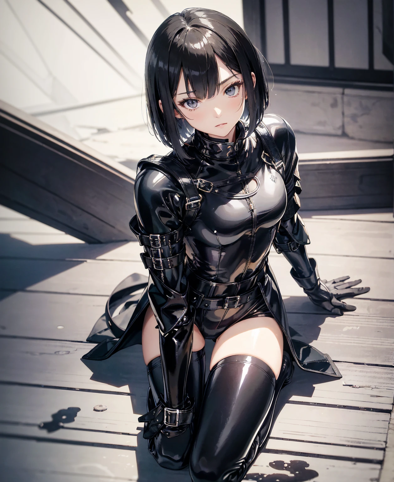 Japanese anime style. woman. she wears armor she is on all fours. mini skirt. sticking out her ass. from below. --auto --s2