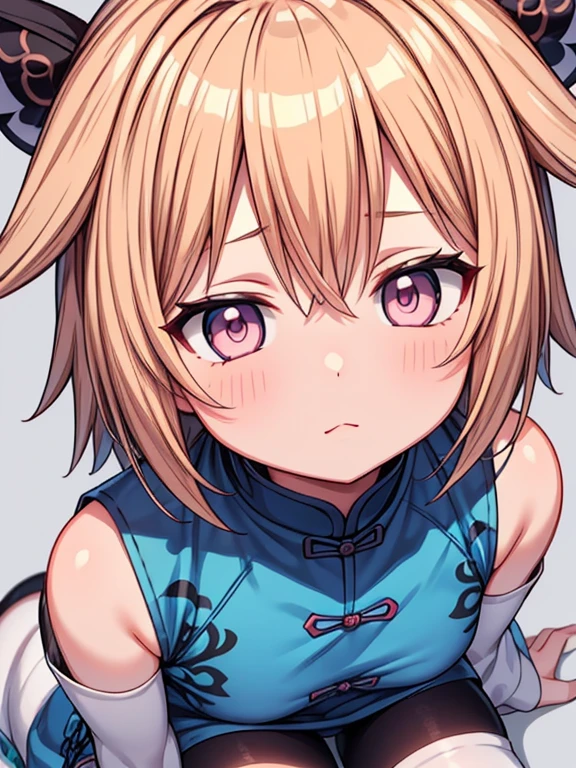 Wuxia,{{{BOY}}}, otokonoko, adorable face, shota, male, white skin, pink eyes, thicc thighs, short beautiful blonde hair,wearing a very long white chinese dress with blue pattern, black leggings, close up,blue background