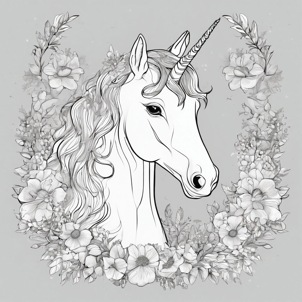 Unicorn with flowers and trees, colouring book, outline art, line art, image