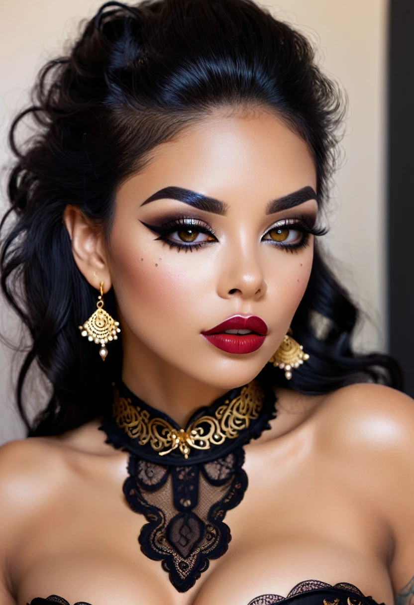 Create a photo realistic hyper realistic heavily tattooed Hispanic, perfect face, thin curved natural eyebrows, long luscious eyelashes, black eyeliner, black eye shadow, curved lips, bright lipstick, long luscious natural hair, black lace choker collar, golden ratio body, black corset, black thong, sitting in a bed one and in hair the other hand over mouth,
