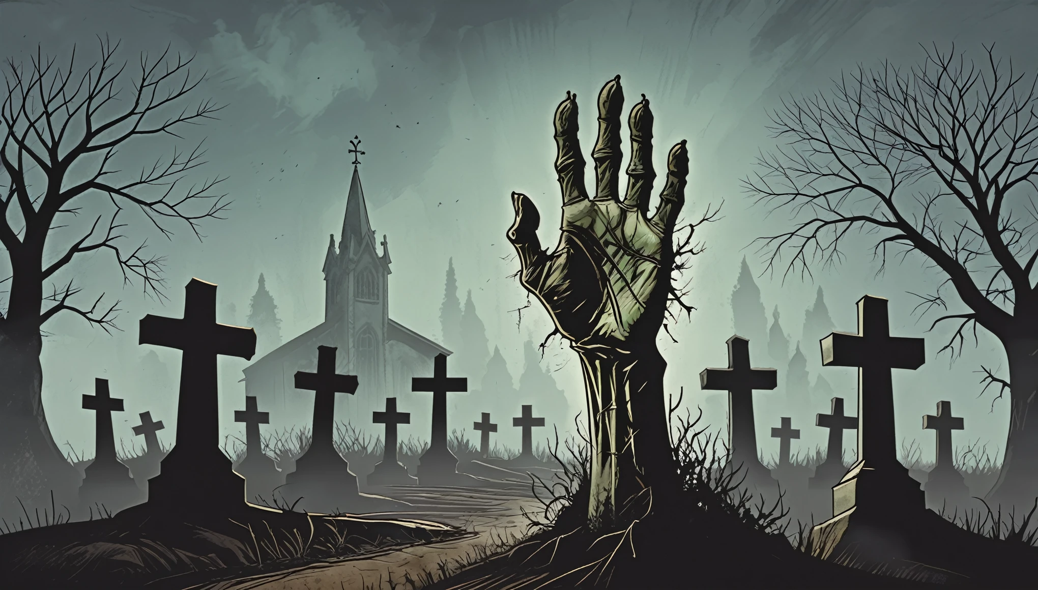 zombie hand coming out of the ground in a cemetery  