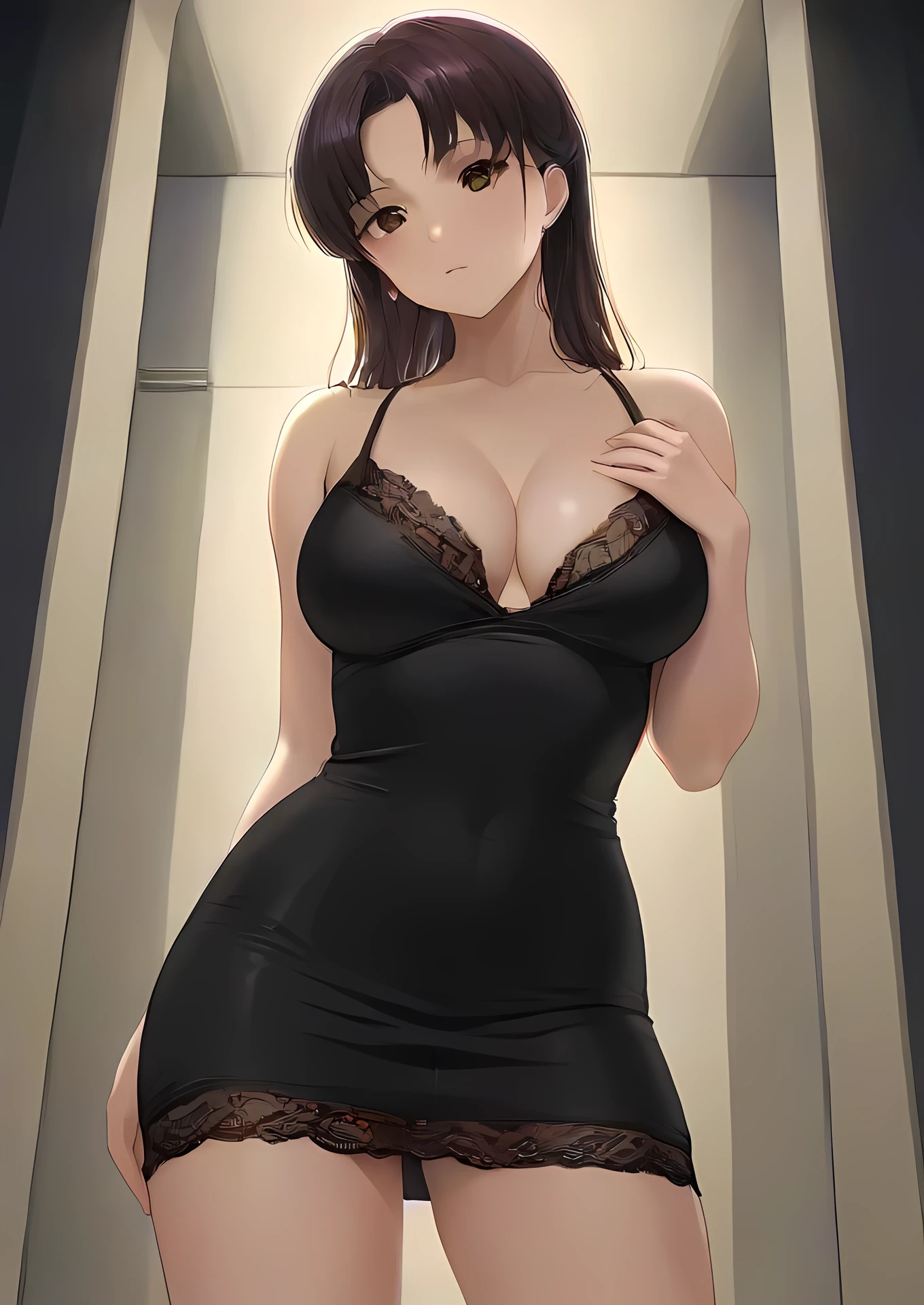 8k, best quality, sharp image, best quality, sharp image, intricate details, ultra-detailed, hyper detailed eyes, detailed skin with a flawless texture delicate and refined, ultra highres, depth field, masterpiece, extremely detailed,
(0.45 :: medium shot :1.8), straight-on shot , from below ,
(1girl, katsuragi misato, original, an extremely beautiful 36-year-old female, (brown eyes:1.3),highlighted purple hair, purple hair, short hair , center parted, sidelocks,cleavage, perfect shiny skin, flawless skin, brown skin), solo,
the girl's outfit is collarbone, short skirt, fowery skirt, bare arms, jewelry, sleeveless tight blouse, black lacey panties, bare shoulders, midriff, yellow tight blouse, no bra ,
covered nipples obviously protruding through clothing, sweat, seduction, nsfw,
(0.075 :: In an art gallery filled with abstract masterpieces, she stands mesmerized before a particular painting, her expression mirroring the complexity of the artwork.),
Banks of the Seine ,
at dark night ,