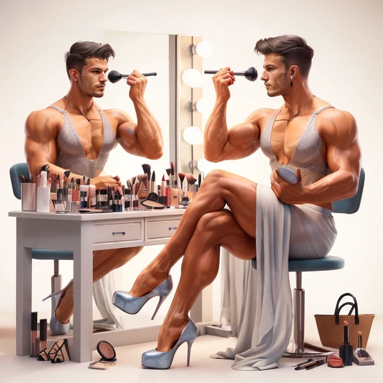 Athletic hunk muscular man with very short hair, vintage lingerie, glossy stockings, bra, very high stiletto heels with pointy toes, earrings, bra ,nylons and makeup, garterbelt, girdle, tattoos, long earrings, necklace, lipstick, corset, in a budoir, putting makeup on in front of the mirror