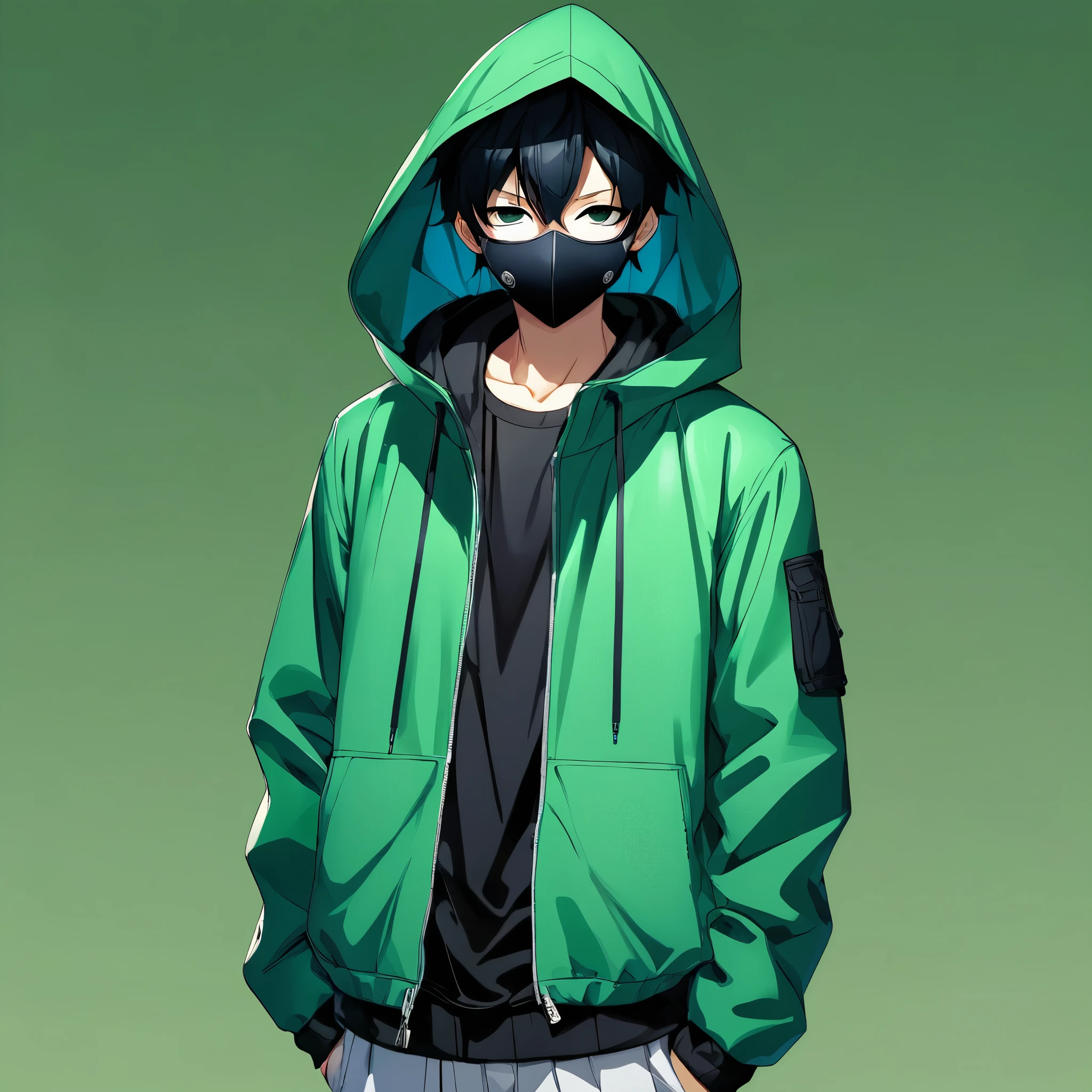 frontal shot, (masterpiece, best quality:1.2), 1 anime boy, full body, green background, hood, blue hooded jacket, jacket, black nose mask, solo, standing, black nose mask, green solid background, blue hooded jacket, frontal shot