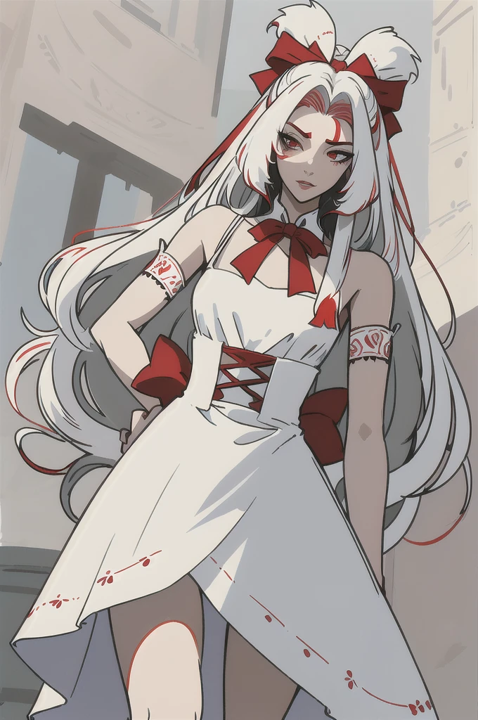 her hair is long and slightly straight, da cor branca, Your eyes are red, in addition to having an eyeliner around his eyes, She wears a white dress that reaches her shin, and a red bow around her waist. solo, on his face an expression of sadness, on your lips a sad shy smile.