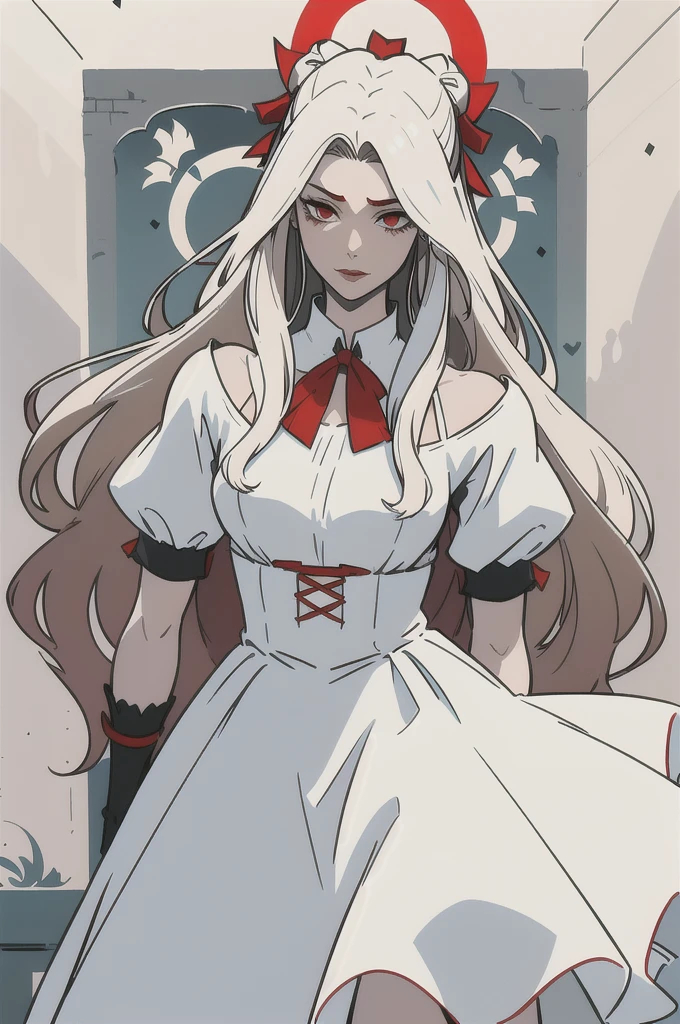 her hair is long and slightly straight, da cor branca, Your eyes are red, in addition to having an eyeliner around his eyes, She wears a white dress that reaches her shin, and a red bow around her waist. solo, on his face an expression of sadness, on your lips a sad shy smile.