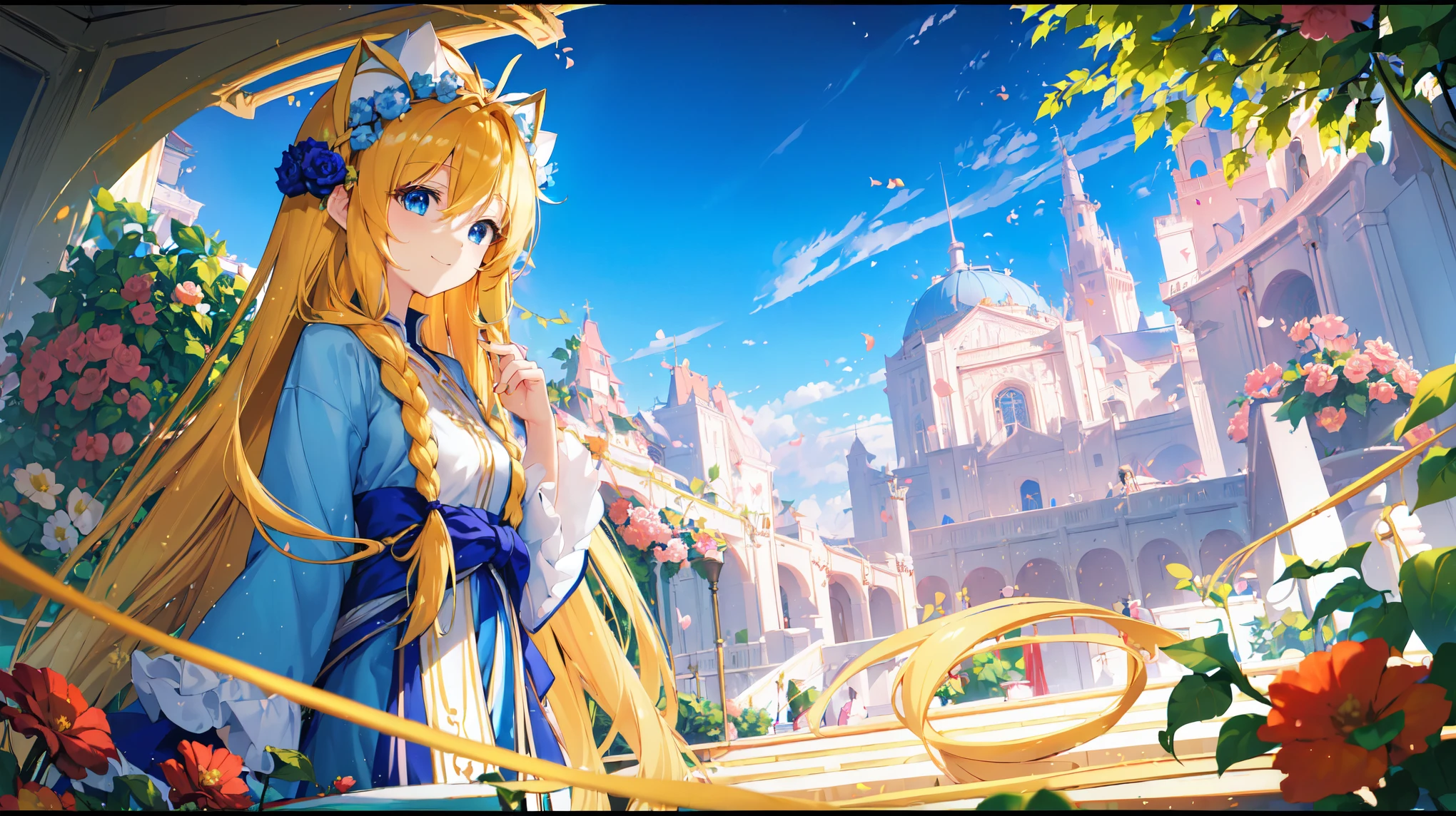 (best quality, highres, masterpiece : 1.4), ((2d anime)), (flatten art : 0.8), masterpiece, (best quality), 1girl, Anime, long braided blonde hair, vine headress, long white dress, pale skin, blue eyes, medium sized breast, embracing, cheerful smile, looking at viewer, solo, scenery, twirling, flower garden