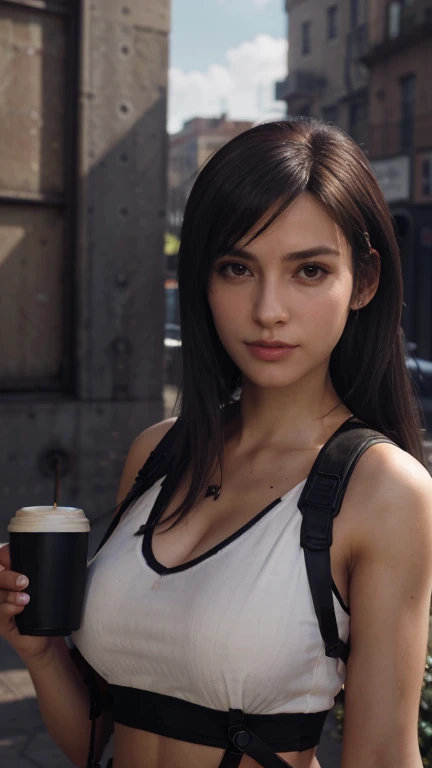 (Perfect lighting, Perspective parfaite, 8K RAW, cheveux noirs naturels,1fille, belle machoire, Very detailed, Realistic, 8K RAW,detailed face, cheveux noirs, 30 years old tifa lockhart, with long black hair, red large eyes, narrow face, wide mouth, curved brows, Tifa lockart hairstyle, Eye contact, cinematic lighting, vibrant colors, detailed skin texture, fully dressed, beautiful detailed perfect face, intricate sharp details, ultra high res, hot summer, acne, moles, spots, very happy, morning, sourire timide, cinematic lighting, vibrant colors, detailed skin texture, beautiful detailed perfect face, intricate sharp details, ultra high res, morning, delicate fingers, beautiful detailed red eyes, Facial light, nombril, High exposure, ((holding a small coffee cup)), outdoor, ftifa, (photorealistic: 1.45)