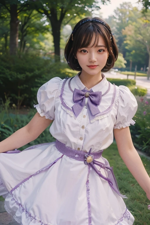 Magical Girl Cosplay, Anime Girl Cosplay,  Purple and white lolita outfit, 
slender girl, Bobcut, Brown Hair, garden, sunny, Short sleeve, mini skirt, summer, smile, 
Skirt with 6 vertical ruffles, Skirt with 6 ruffles horizontally, Delicate girl, 
((photograph:1.3)), ((Realistic:1.5)), (highest quality:1.4), ((Ultra-high resolution:1.3)), 
((Highest quality:1.3)), ((Ultra-detailed:1.3)), (Sharp Focus:1.3), 
masterpiece, Real, Photorealistic, Extremely detailed, 
Real Life, 超Realistic, Photorealism, Fine details, 
Perfect artwork, Professional Writing, 
