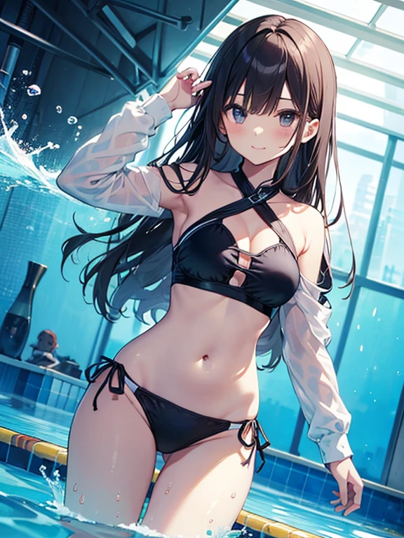 ((2D Beautiful Girl、highest quality、Perfect Finger 1.3、Perfect Anatomy 1.3、Very delicate and beautiful illustrations))、Cute girl、(Conversion Sequence)、((Swimwear))、14 years、Slender beautiful girl、Fractal Art、Baby Face、((Straight Long Hair))、Big droopy eyes、Laughter、Full-body display、(1 person)、Long sleeve、School swimming pool、standing、