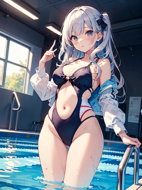 ((2D Beautiful Girl、highest quality、Perfect Finger 1.3、Perfect Anatomy 1.3、Very delicate and beautiful illustrations))、Cute  girl、(Conversion Sequence)、((Swimwear))、、Slender beautiful girl、Fractal Art、Baby Facght Long Hair))、Big droopy eyes、Laughter、Full-body display、（1 person）、Long sleeve、School swimming pool、standing、