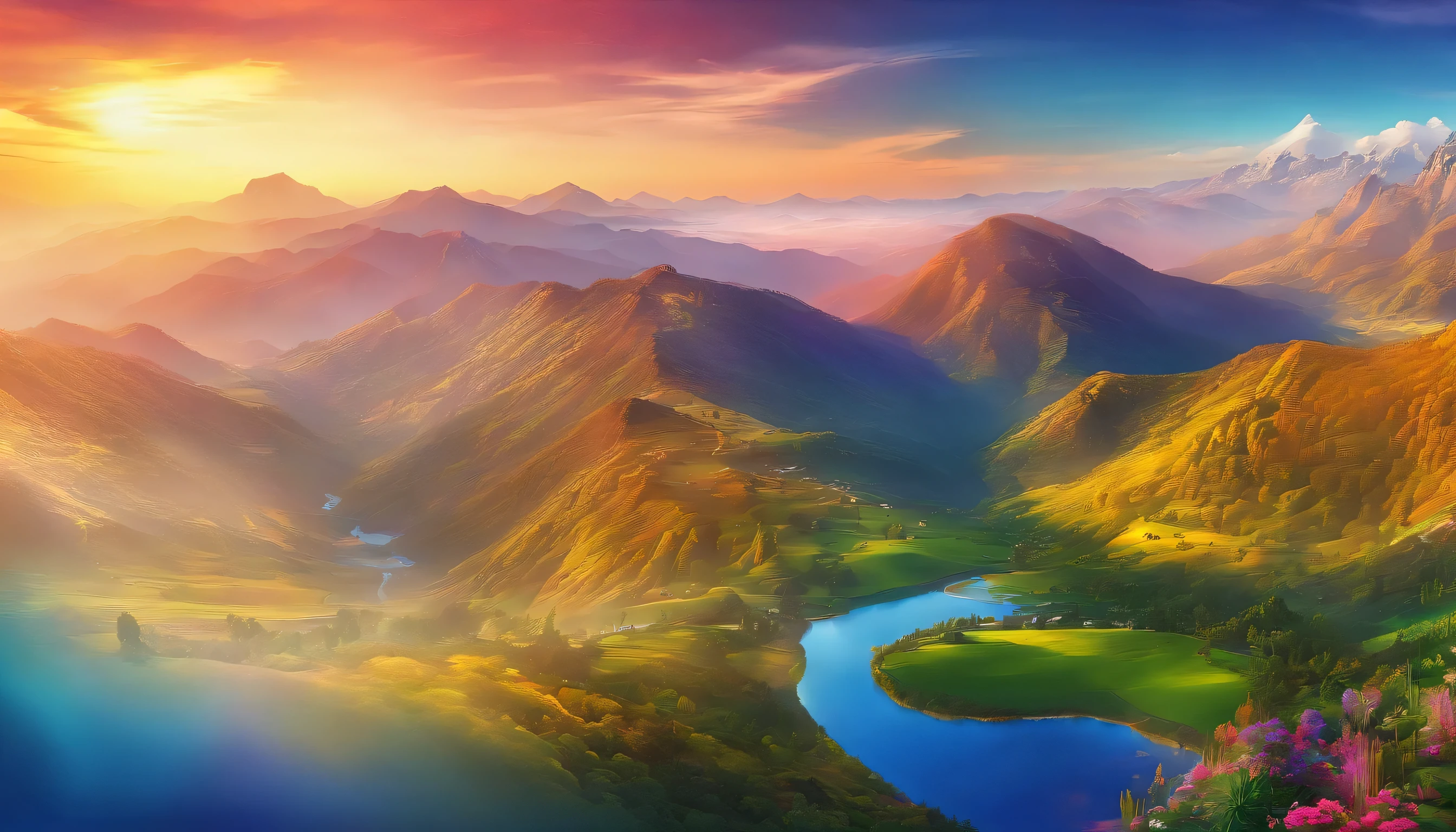 (best quality,4k,8k,highres,masterpiece:1.2),ultra-detailed,(realistic,photorealistic,photo-realistic:1.37),landscape,wallpaper,colorful,serene,natural,panoramic,scenic,majestic,mountain range,vibrant foliage,sparkling waterfall,rolling hills,peaceful lake,sunlit meadow,lush greenery,clear blue skies,faraway horizon,gentle breeze,fresh air,solitude,tranquility,sweeping view,stunning vista,spectacular sunset,soft morning light,beautiful reflections,crisp textures,dreamy atmosphere,lively brushstrokes,sublime beauty,harmonious composition,seamless blend of colors,play of light and shadows,immersive experience,escape from reality,enchanting journey,nature's masterpiece.