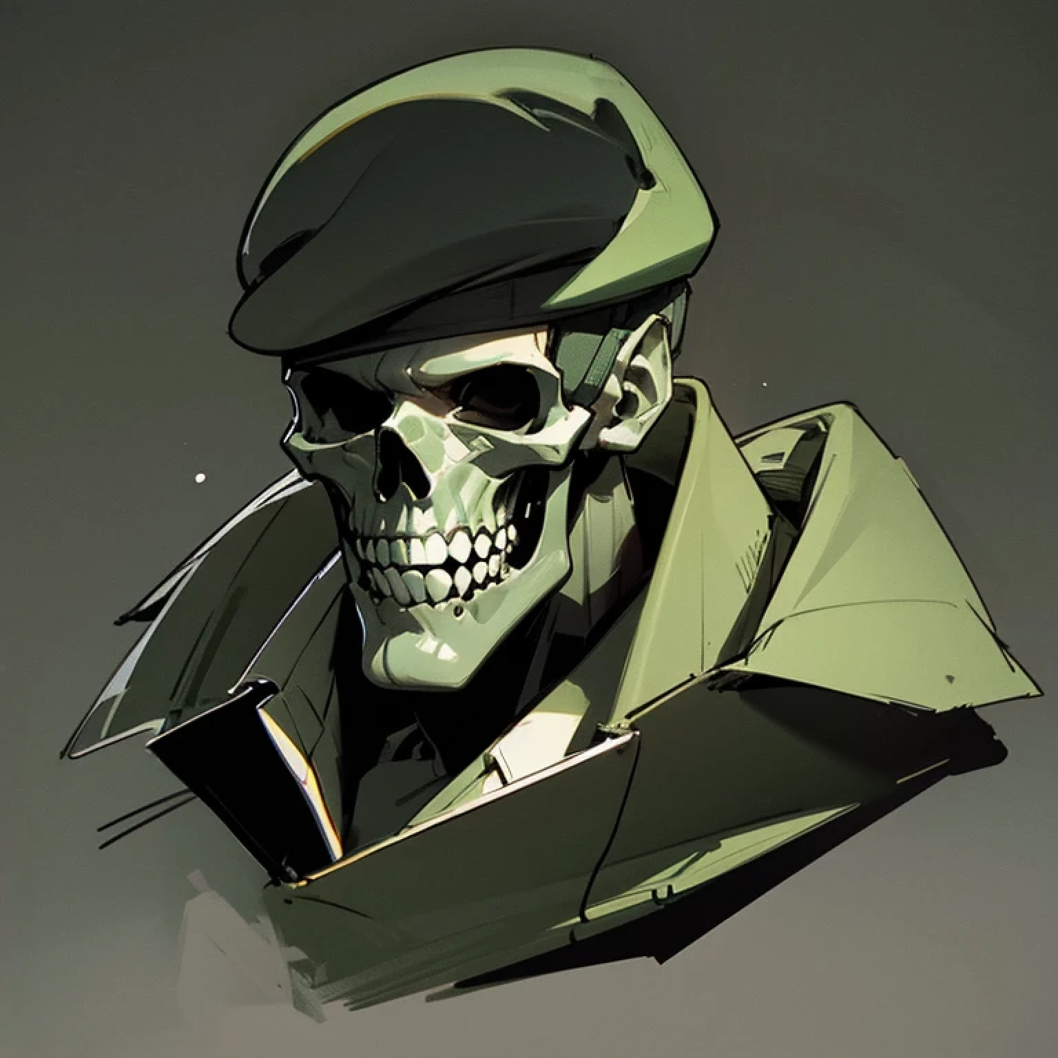 Draw a macabre skull on a black background wearing an army green beret 