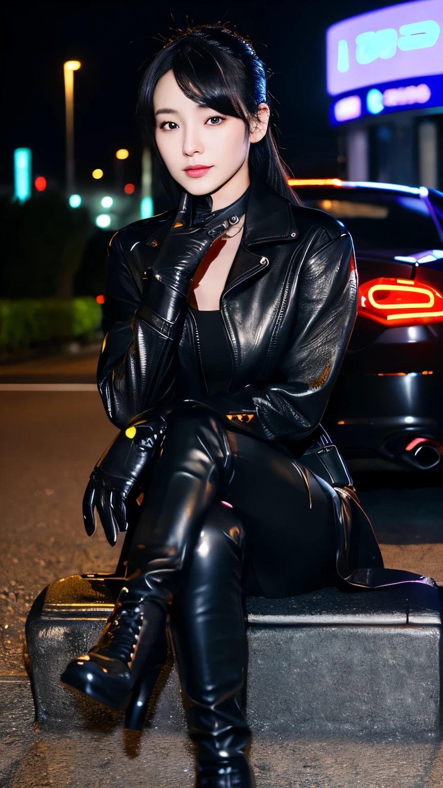 black leather rider jacket, Office in the Dark, Black leather gloved fingertips on both hands,Wearing black leather gloves,Sitting in a black leather chair、 Japanese female new recruits (Black leather gloves cover both hands) (The angle is horizontal)、Black Leather Pants,Black Leather Black Leather Pants,Black Leather Skinny Pants、Long black leather boots on both feet、Black hair ponytail ((He wears black leather gloves on his hands))Full Body Photo,full body shot full body full body leather suit,☺If you turn in this direction。Wearing black leather gloves,Wearing black leather gloves,Wearing black leather gloves,Wearing black leather gloves,Wearing black leather gloves,Wearing black leather gloves,黒のレザーパンツが美しい😍黒のレザーパンツが美しい😍黒のレザーパンツが美しい,😍Smiling while looking at me,City lights、((Neon Cyberpunk City Street:1.3))、(Neon Light)、Detailed lighting、
Best image quality、Ultra-high resolution、(realism:1.4)、Korean Beauty Star、The most beautiful KPOP stars、face、Horny Korean Makeup、A body that makes you want to touch it、Realistic leather texture、Costume made of smooth leather fabric、The drape of the curved parts of the leather fabric、The costume is very shiny、Quality of the costume、8K Photo Quality