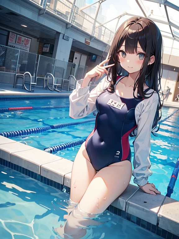 ((2D Beautiful Girl、highest quality、Perfect Finger 1.3、Perfect Anatomy 1.3、Very delicate and beautiful illustrations))、Cute girl、(Conversion Sequence)、((Swimwear))、s、Slender beautiful girl、Fractal Art、Baby Face、((Straight Long Hair))、Big droopy eyes、Laughter、Full-body display、(1 person)、Long sleeve、School swimming pool、standing、