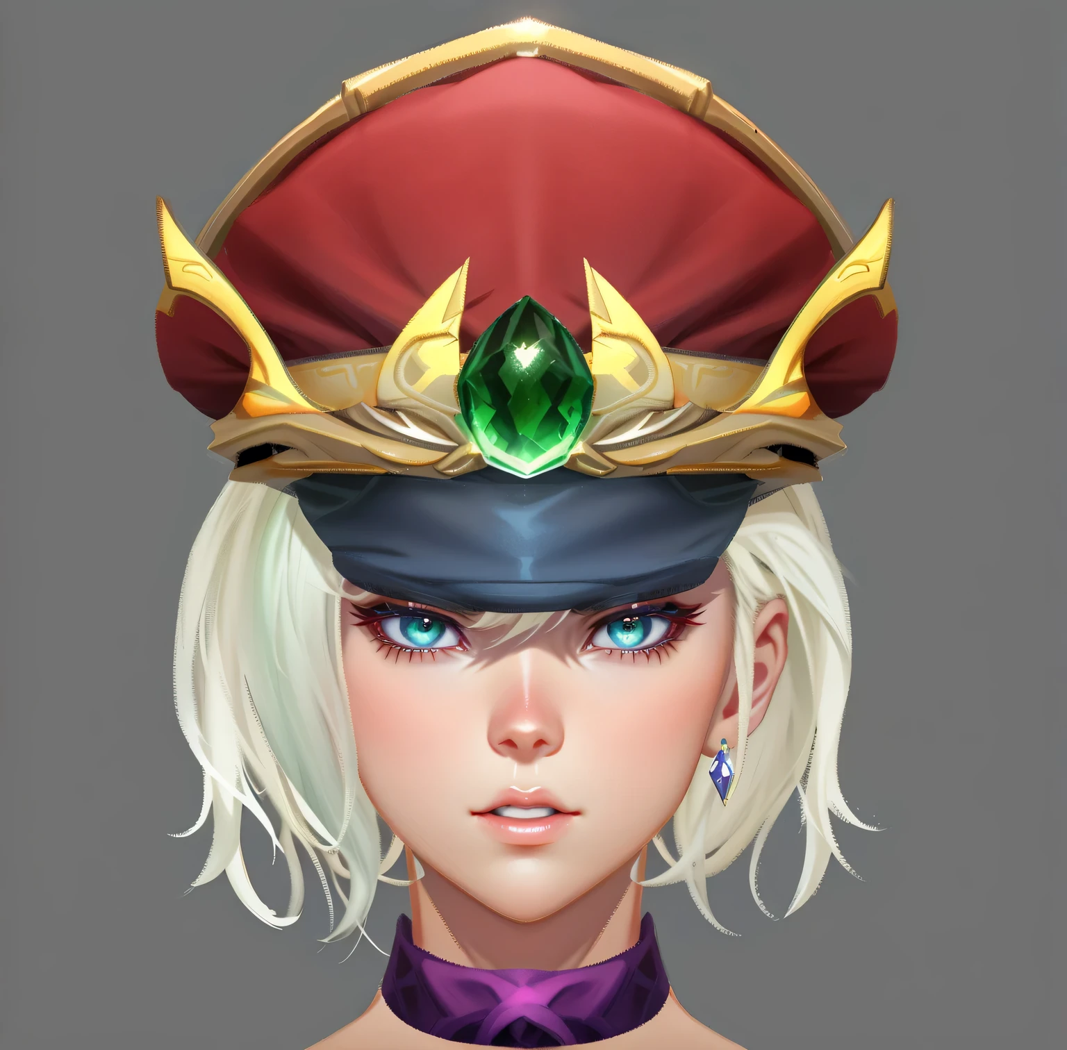 Close up of a lady wearing a hat with green gemstones, 2D concept art head macro shot, Close-up characters, Concept Avatar Art, g liulian art style, very detailed character, game characters head designs, Female characters, Character Close-up, Character Close-up, Character art, IG Model | type germ, Close-up charactersPortrait，3DCharacter art，Ashe，2。5 D CGI Anime Fantasy Artwork，CGScosiety，Close-up characters，As seen on the Art Station
