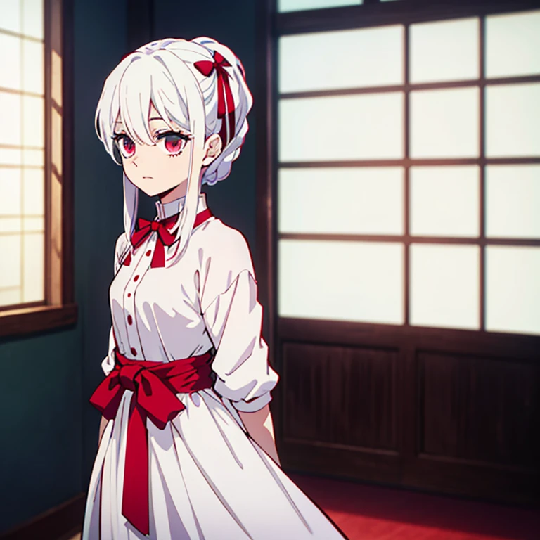 her hair is long and slightly straight, da cor branca, Your eyes are red, in addition to having an eyeliner around his eyes, She wears a white dress that reaches her shin, and a red bow around her waist. solo.