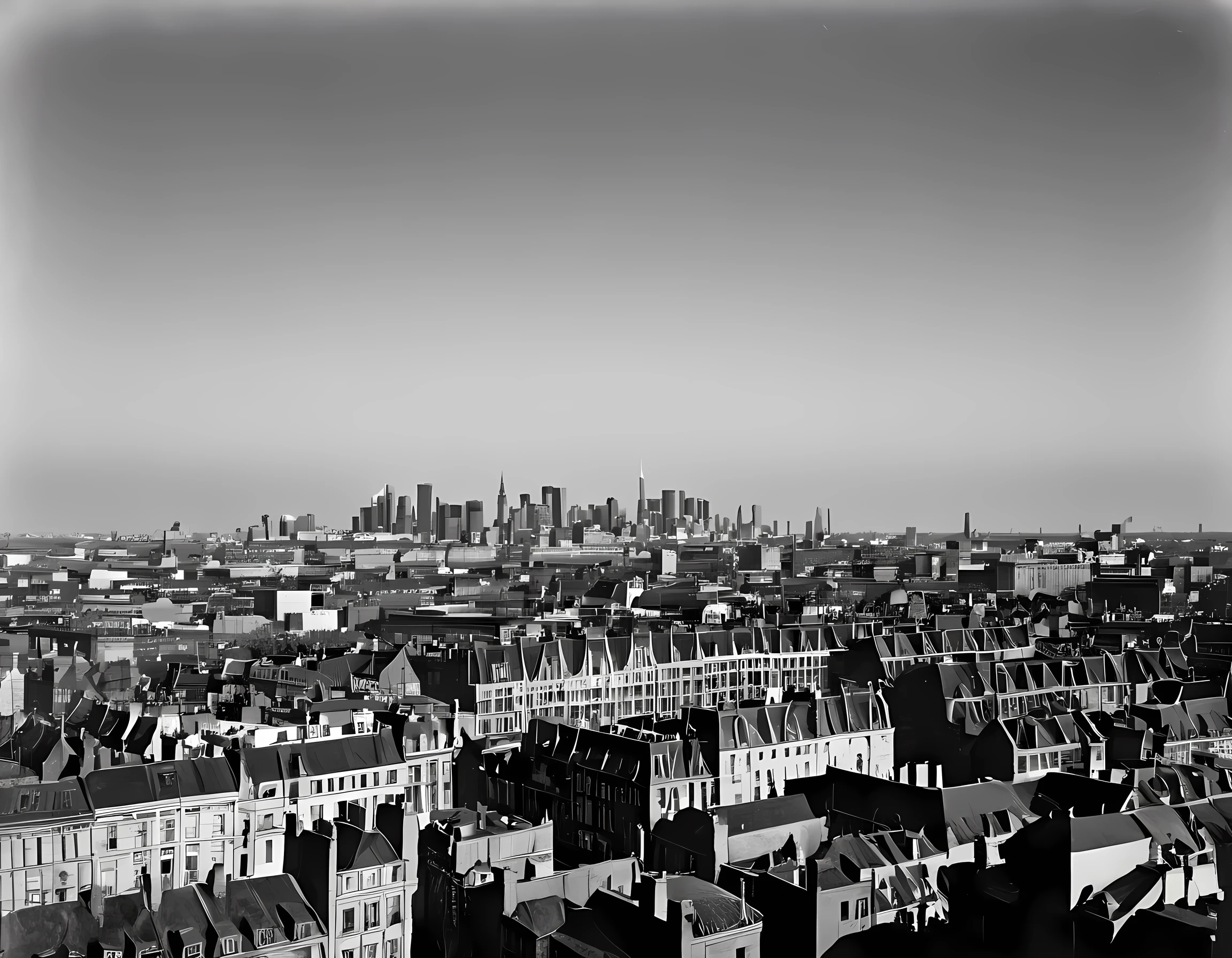  a black and white picture of an city sky line view made by a late 19th century camera