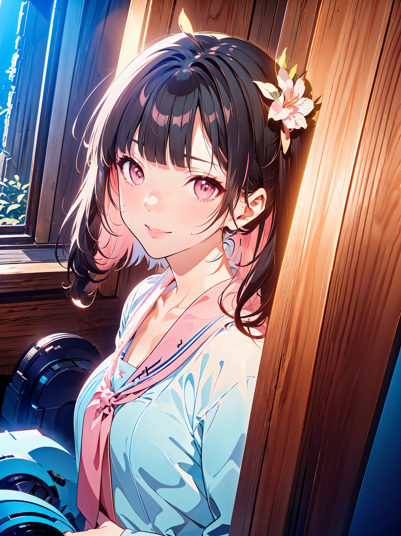 {{{{masterpiece}}}}, {{{Super detailed}}}, {{{high resolution}}}, {{good anatomy}}, (((best quality))), ((blueberry field,in school,indoor,blue theme,anime style,anime girl)),(((pink eyes,black hair streaked blue inside))),(big perfect eyes),(((formal suit in pure blue color))), hairclip, {8k cg wallpaper}, {{illustration,zoom in,focus on face,close-up shot, looking out a window}},((floating hair|blunt bangs|short hair|curly perm)),hair over shoulders,smile,(1girl:1), bride,solo,alone,(Color difference:1.2),emotionless,blushing,neat face,(medium breasts),((The details are complex、Shallow depth of field、movie lighting、a Canon EOS R5、50mm lens、f / 2.8、shot at 8k resolution))