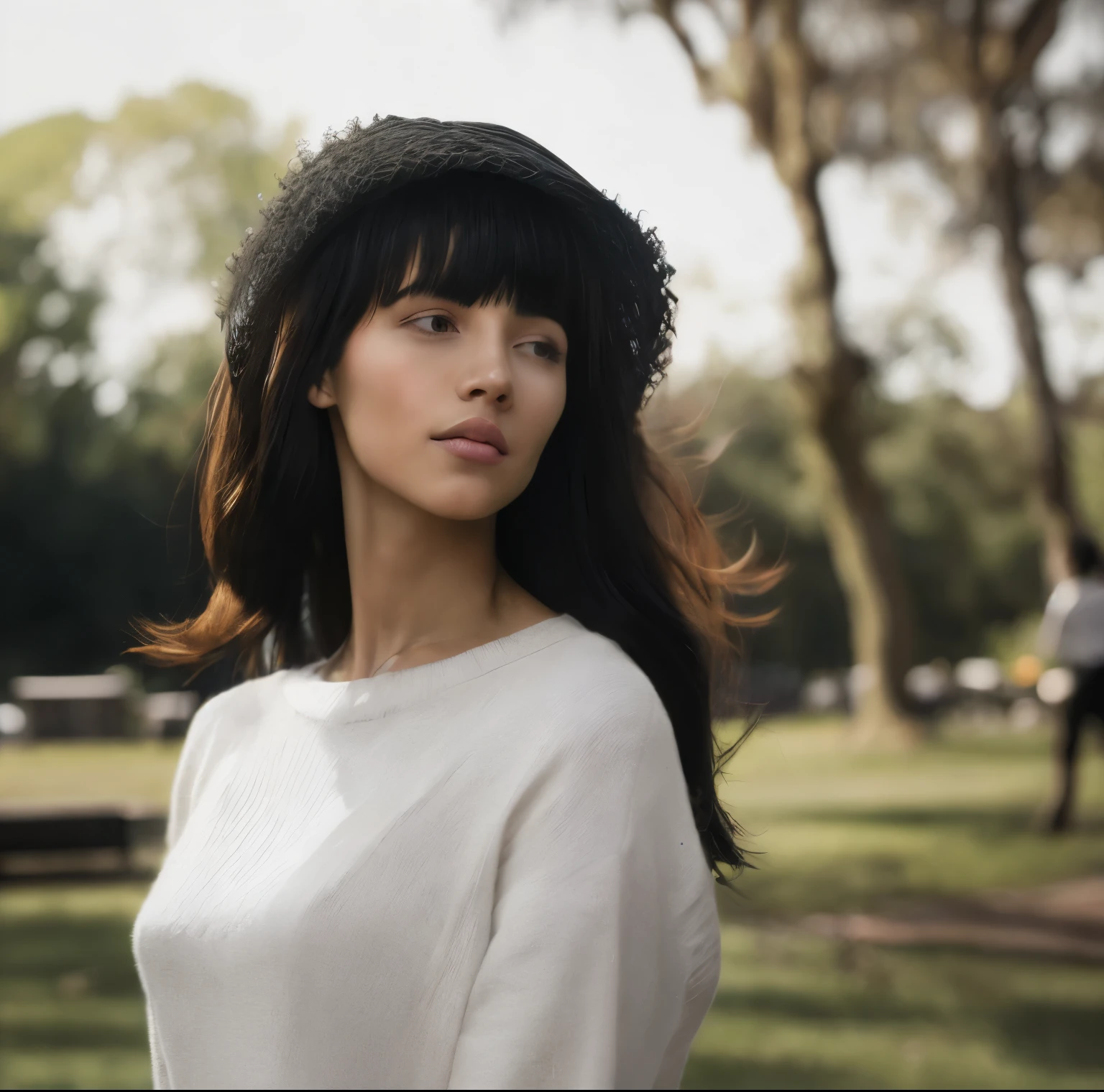 Mujer alta, blanca, con cabello largo negro, paseando por un parque, realista, cara afilada,