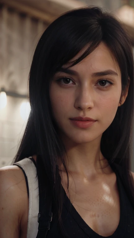 (Perfect lighting, Perspective parfaite, 8K RAW, cheveux noirs naturels,1fille, belle machoire, Very detailed, Realistic, 8K RAW,detailed face, cheveux noirs, 28 years old tifa lockhart, with long black hair, red large eyes, narrow face, wide mouth, curved brows, Tifa lockart hairstyle, Eye contact, cinematic lighting, vibrant colors, detailed skin texture, fully dressed, beautiful detailed perfect face, intricate sharp details, ultra high res, hot summer, acne, moles, spots, very happy, morning, sourire timide, cinematic lighting, vibrant colors, detailed skin texture, beautiful detailed perfect face, intricate sharp details, ultra high res, morning, delicate fingers, beautiful detailed red eyes, Facial light, nombril, High exposure, ((holding a small coffee cup)), outdoor, ftifa, (photorealistic: 1.45)