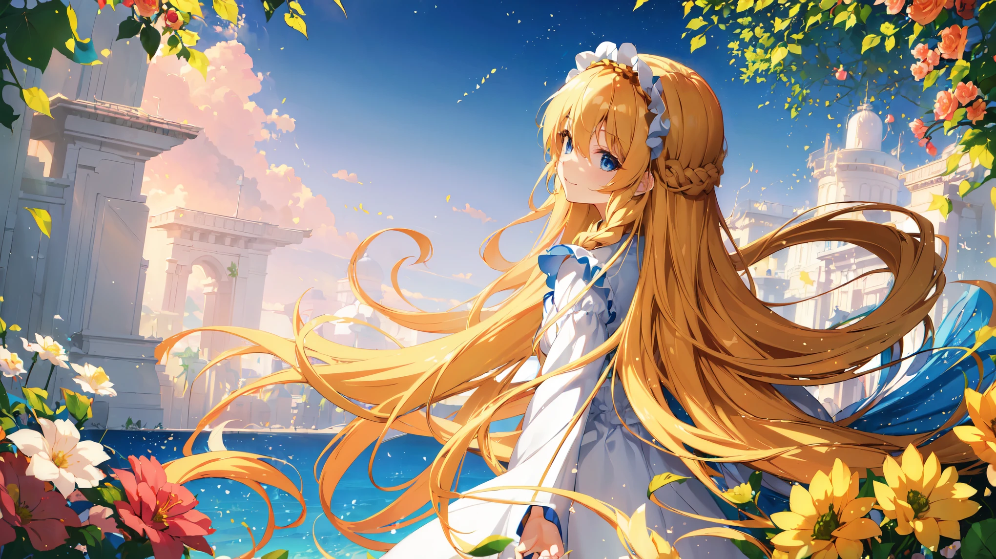 (best quality, highres, masterpiece : 1.4), ((2d anime)), (flatten art : 0.8), masterpiece, (best quality), 1girl, Anime, long braided blonde hair, vine headress, long white dress, pale skin, blue eyes, medium sized breast, embracing, cheerful smile, looking at viewer, solo, scenery, twirling, flower garden