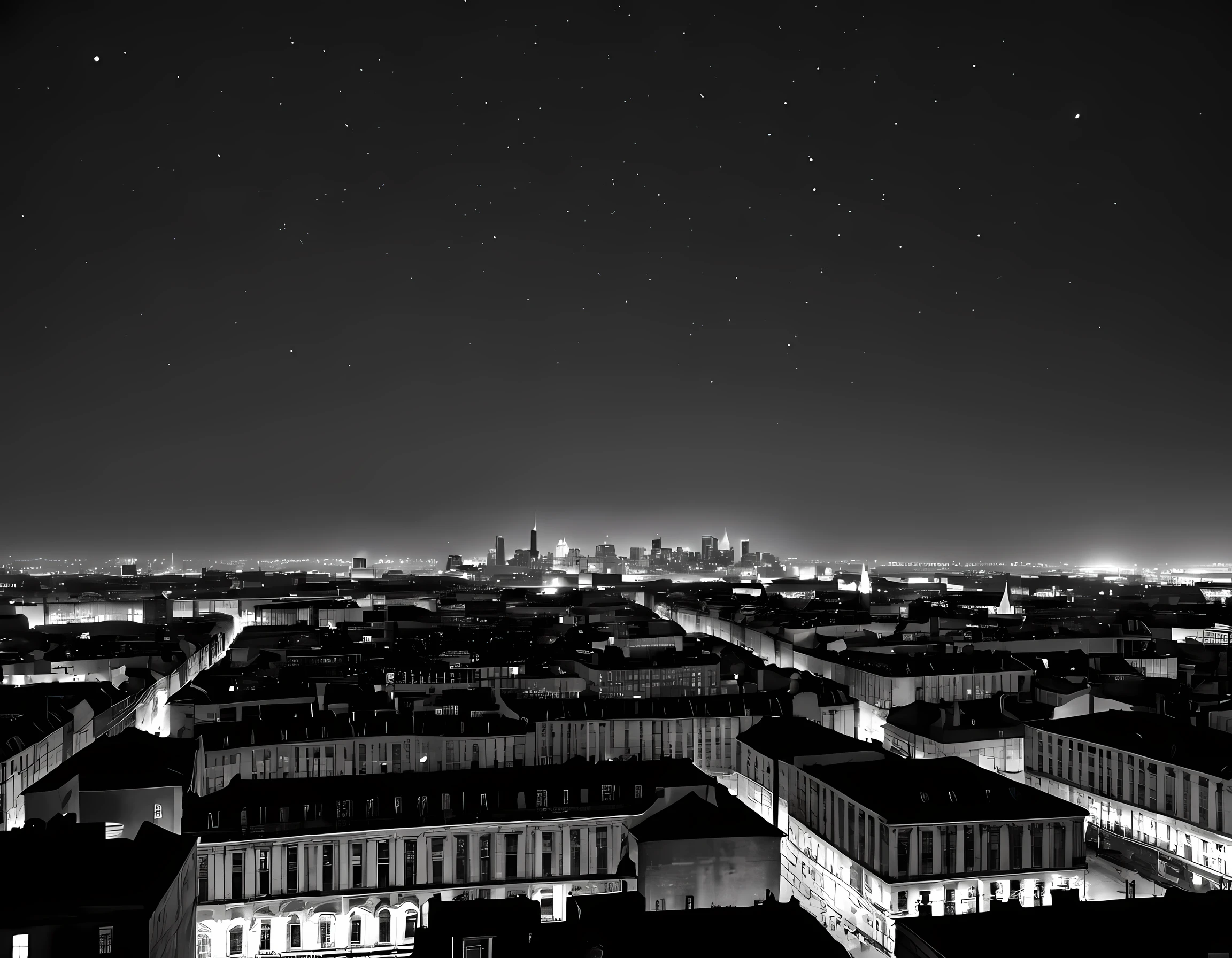  a black and white picture of an city sky line view, its night time, the sky is full of stars, and the city is lit by lamps,  made by a late 19th century camera, 