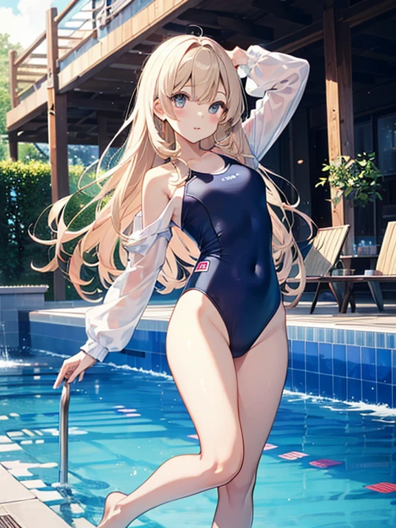 ((2D Beautiful Girl、highest quality、Perfect Finger 1.3、Perfect Anatomy 1.3、Very delicate and beautiful illustrations))、Cute girl、(Conversion Sequence)、((Swimwear))、14 years、Slender beautiful girl、Fractal Art、Baby Face、((Straight Long Hair))、Big droopy eyes、Laughter、Full-body display、(1 person)、Long sleeve、School swimming pool、standing、