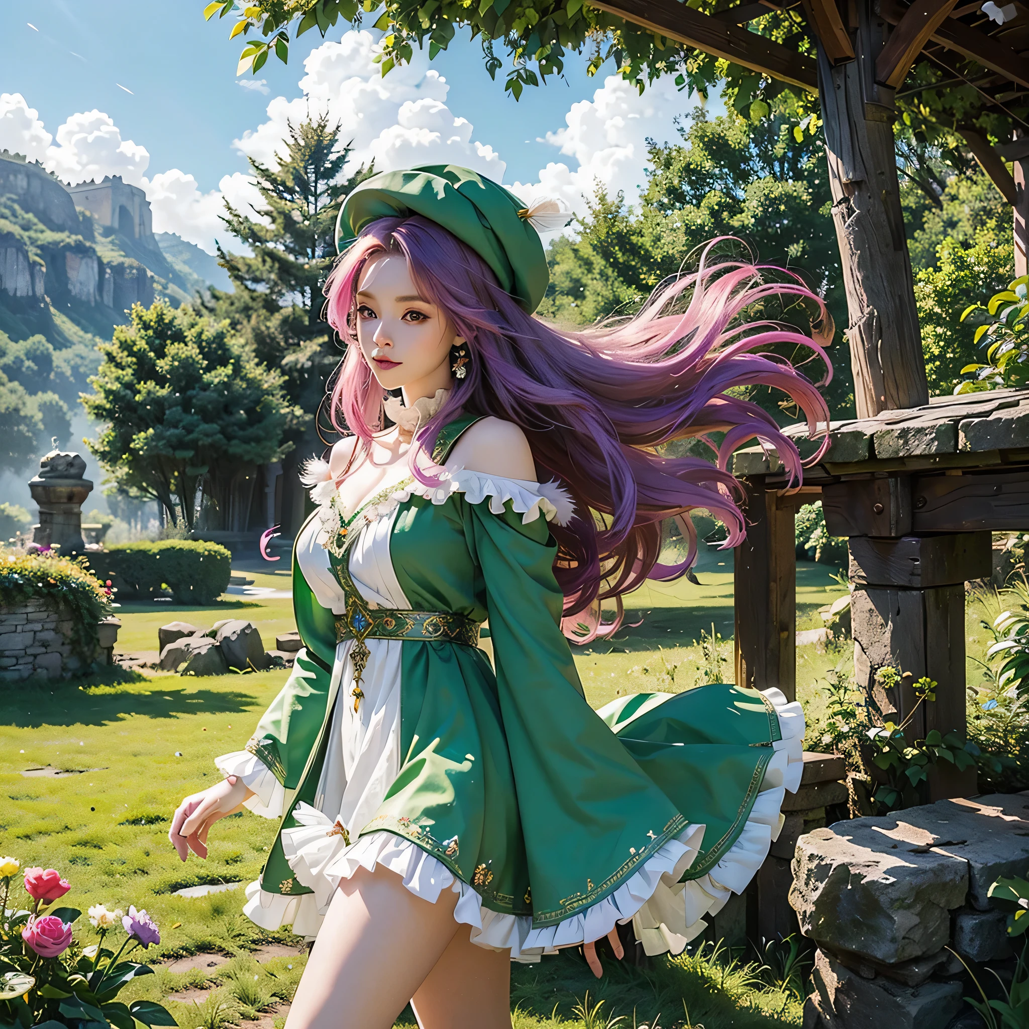 best quality, (masterpiece:1.2), illustration, absurdres, (1girl, solo), (beautiful detailed girl),, Aeolia, lilac hair, long hair, red eyes, medium breasts,, happy, cheerful,, green hat, hat with feather ornament, green dress, green coat, (fantasy:1.1) (medieval:1.1) outfit, (black_pantyhose:1.1), white shirt, brown shorts, fleece lined boots, brown boots,, magical forest, flowers, fairy ring, ancient ruins, stone ruins, lake, sky, clouds