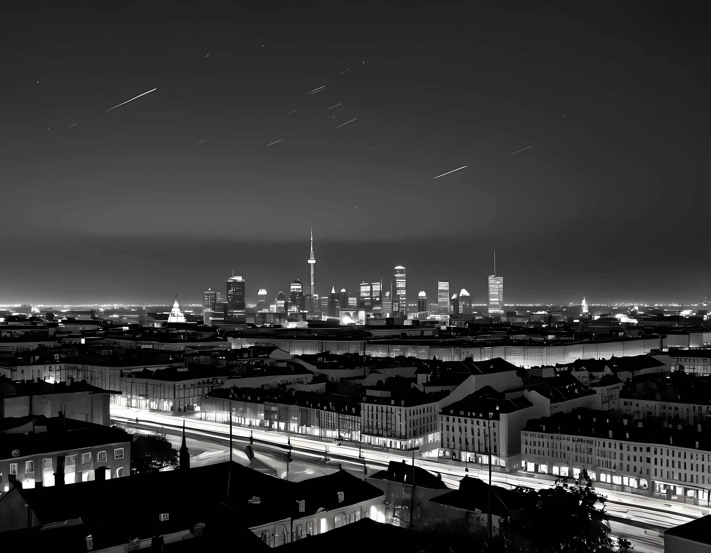  a black and white picture of an city sky line view, its night time, the sky is full of stars, and the city is lit by lamps,  made by a late 19th century camera, 