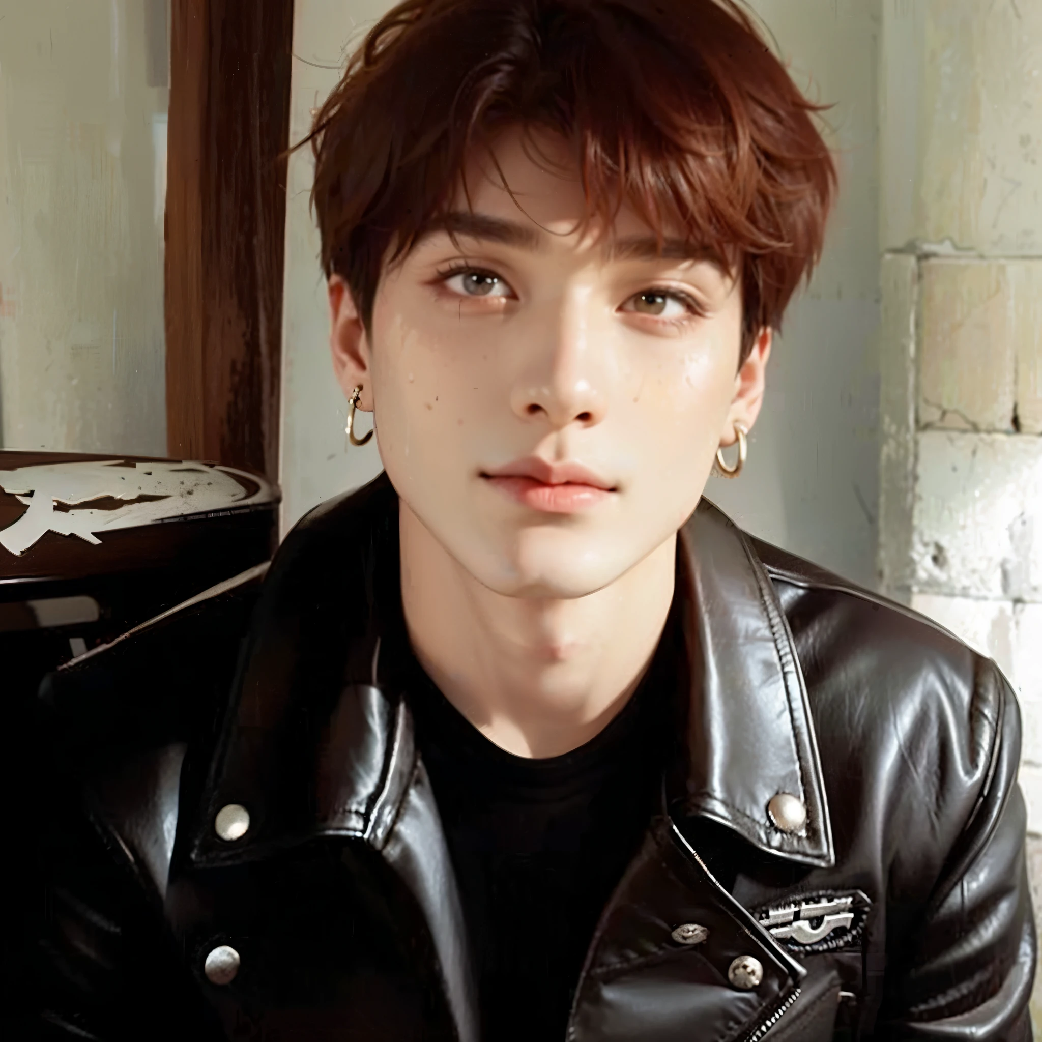 There's a man in a leather jacket posing for a photo, Yoongi de cabelo preto, Jungkook, Jimin\the right eyelid is swollen, accurate Jimin face, park Jimin, adorable and pale korean face, young pale angel, Jimin\the full lips, hyung tae, your eyes seem wise, Jimin\o nariz grego, com o mesmo penteado, Jung Jaehyun, korean male face, k pop boy, bts jungkook, korean face bts jungkook