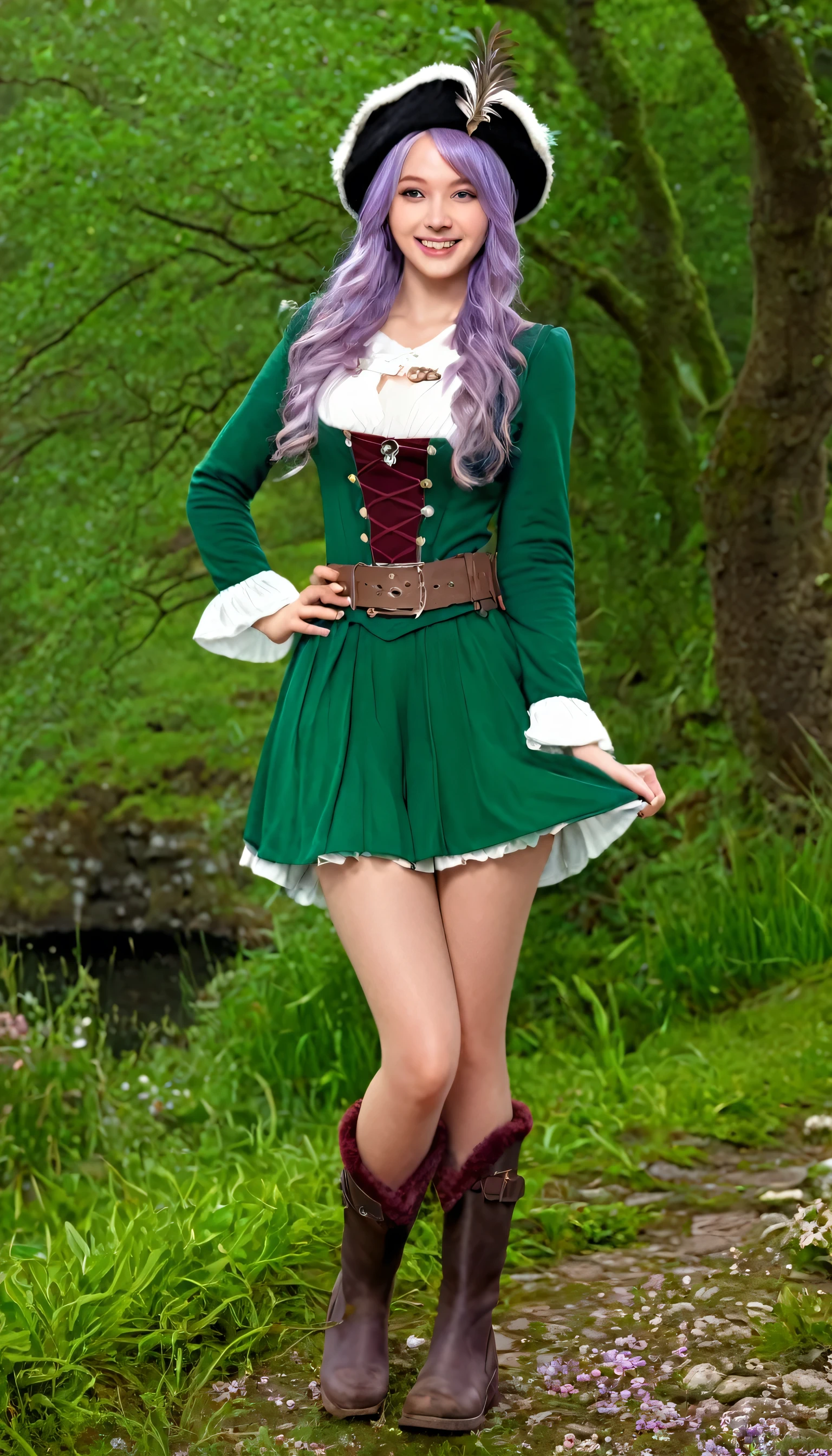 best quality, (masterpiece:1.2), illustration, absurdres, (1girl, solo), (beautiful detailed girl),, Aeolia, lilac hair, long hair, red eyes, medium breasts,, happy, cheerful,, green hat, hat with feather ornament, green dress, green coat, (fantasy:1.1) (medieval:1.1) outfit, (black_pantyhose:1.1), white shirt, brown shorts, fleece lined boots, brown boots,, magical forest, flowers, fairy ring, ancient ruins, stone ruins, lake, sky, clouds