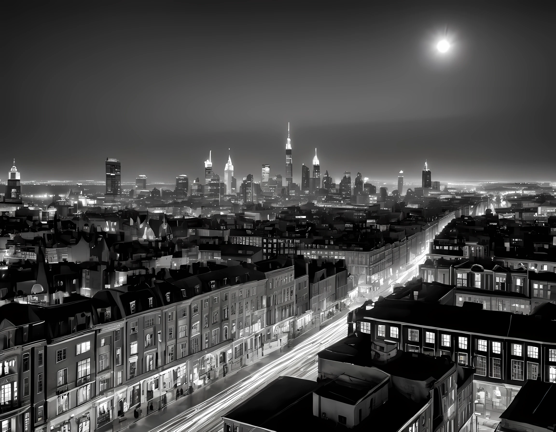 1hbgd1  a black and white picture of an city sky line view, its night time, the sky is full of stars, and the city is lit by lamps, made by a late 19th century camera, intricate detailed, Masterpiece, best quality