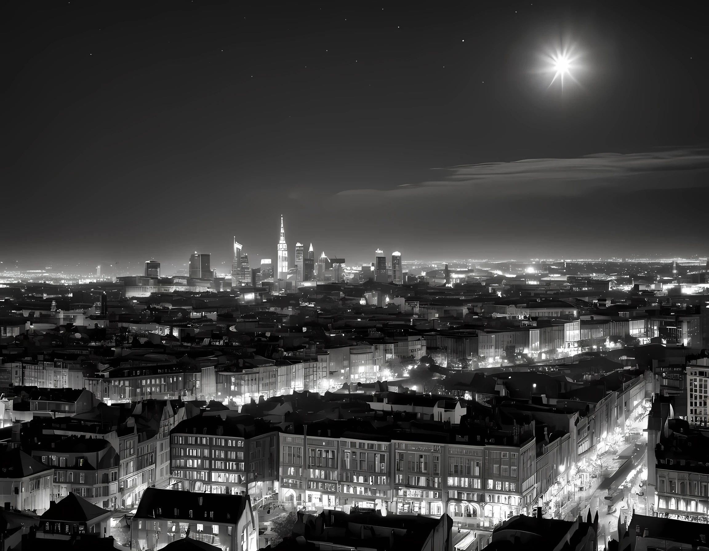 1hbgd1  a black and white picture of an city sky line view, its night time, the sky is full of stars, and the city is lit by lamps, made by a late 19th century camera, intricate detailed, Masterpiece, best quality