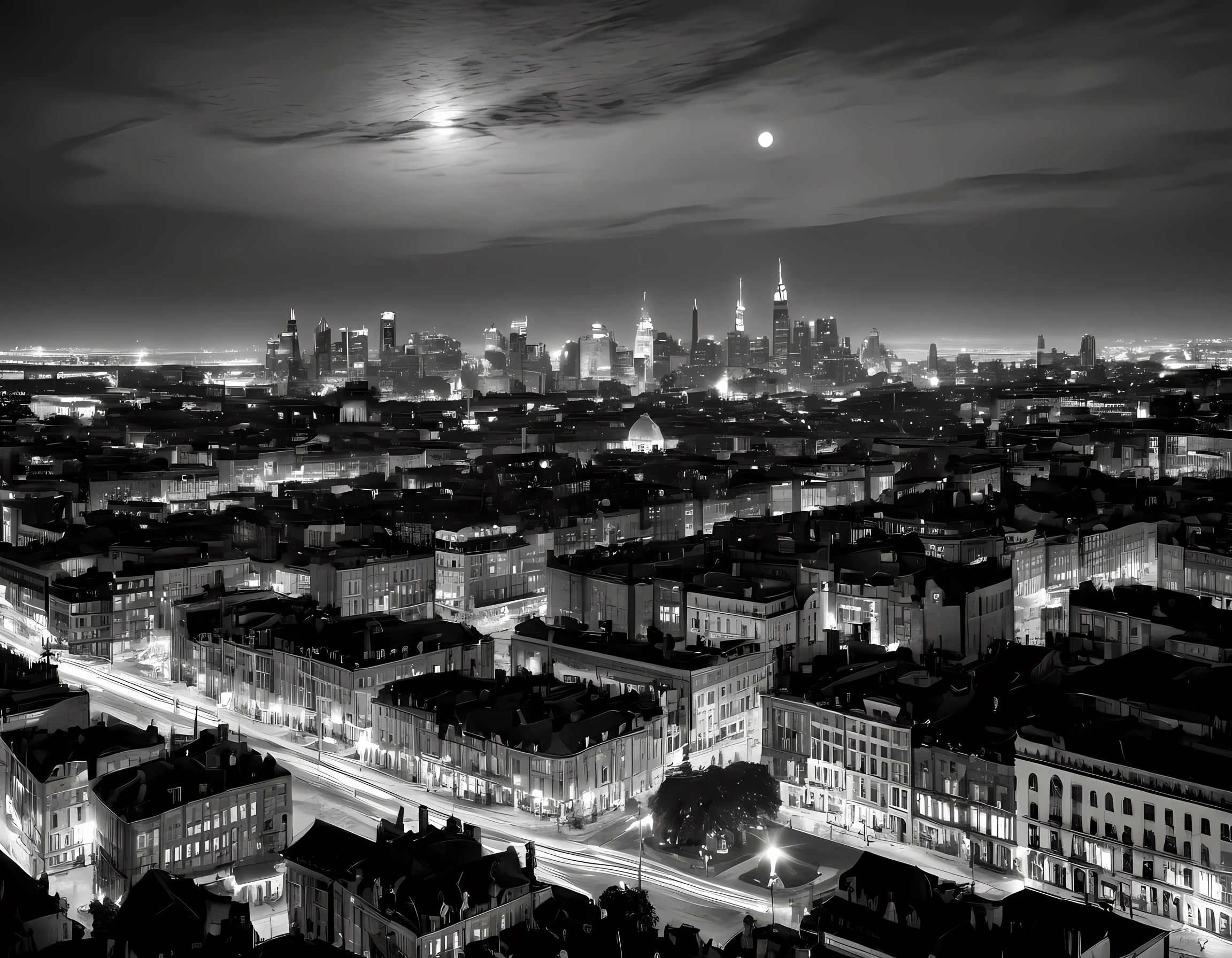 1hbgd1  a black and white picture of an city sky line view, its night time, the sky is full of stars, and the city is lit by lamps, made by a late 19th century camera, intricate detailed, Masterpiece, best quality