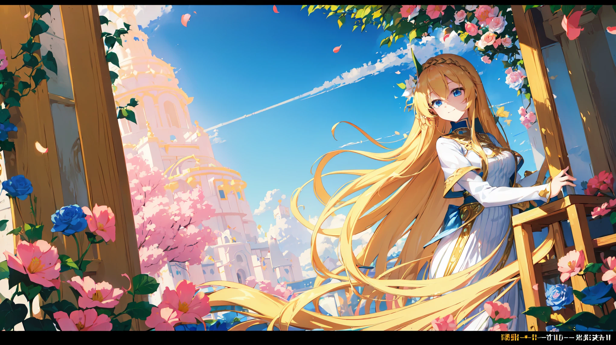 (best quality, highres, masterpiece : 1.4), ((2d anime)), (flatten art : 0.8), masterpiece, (best quality), 1girl, Anime, long braided blonde hair, vine headress, long white dress, pale skin, blue eyes, medium sized breast, embracing, cheerful smile, looking at viewer, solo, scenery, twirling, flower garden