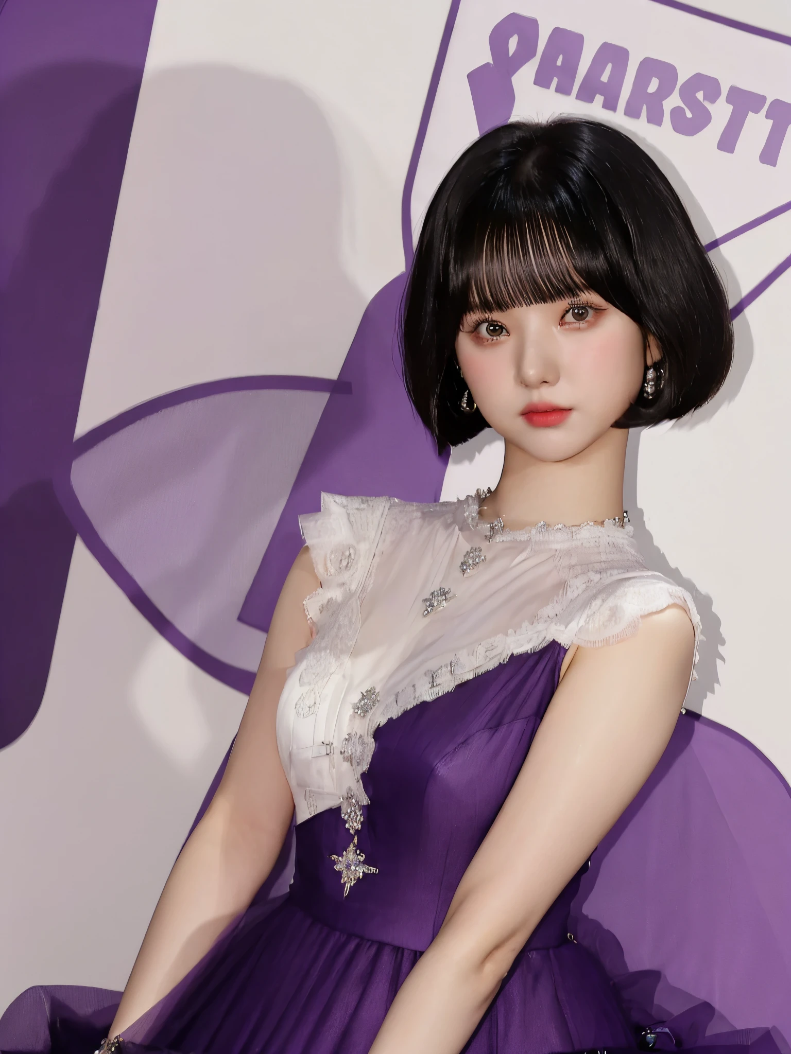 ((1girl)), bob haircut, fringe, black hair, ((purple dress)), short dress, white background, portrait