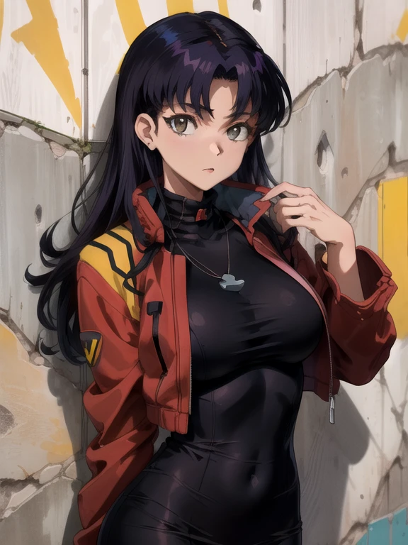 obra maestra,mejor calidad,1 chica,mujer madura,misato katsuragi,Brown eyes,vestido negro,collar con una cruz,vestido de cuello alto,chaqueta roja,de pie,mano en la barbilla,grave,contra la pared,pared de concreto,(adentro:1.2),