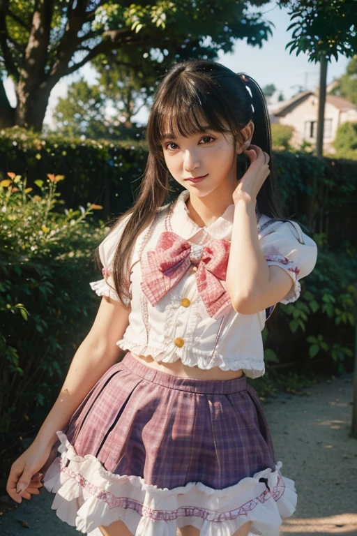 Magical Girl Cosplay, Anime Girl Cosplay,  Purple and white lolita outfit, 
slender girl, Bobcut, Brown Hair, garden, sunny, Short sleeve, mini skirt, summer, smile, 
Skirt with 6 vertical ruffles, Skirt with 6 ruffles horizontally, Delicate girl, 
((photograph:1.3)), ((Realistic:1.5)), (highest quality:1.4), ((Ultra-high resolution:1.3)), 
((Highest quality:1.3)), ((Ultra-detailed:1.3)), (Sharp Focus:1.3), 
masterpiece, Real, Photorealistic, Extremely detailed, 
Real Life, 超Realistic, Photorealism, Fine details, 
Perfect artwork, Professional Writing, 
