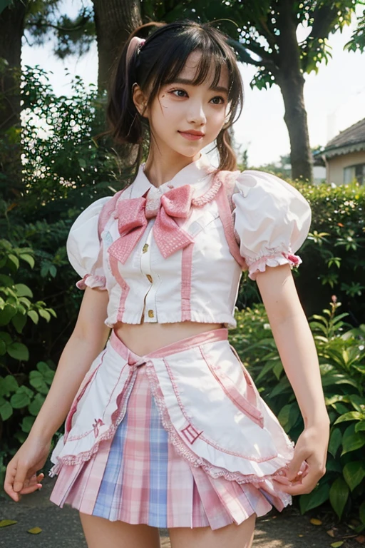 Magical Girl Cosplay, Anime Girl Cosplay,  Purple and white lolita outfit, 
slender girl, Bobcut, Brown Hair, garden, sunny, Short sleeve, mini skirt, summer, smile, 
Skirt with 6 vertical ruffles, Skirt with 6 ruffles horizontally, Delicate girl, 
((photograph:1.3)), ((Realistic:1.5)), (highest quality:1.4), ((Ultra-high resolution:1.3)), 
((Highest quality:1.3)), ((Ultra-detailed:1.3)), (Sharp Focus:1.3), 
masterpiece, Real, Photorealistic, Extremely detailed, 
Real Life, 超Realistic, Photorealism, Fine details, 
Perfect artwork, Professional Writing, 
