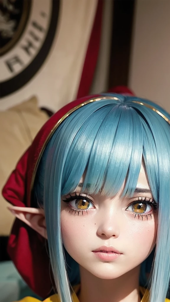 RAW, Realism, hyperrealism, ray tracing, high details, super detail, UHD, 8k, professional photograph, movie photograph, medium shot, Female elf, twenty years old, night, athletic body, soft facial features, long hair, straight hair, (((pacific cyan hair))), (((red eyes faded to yellow))), japanese female uniform, traditional japanese village