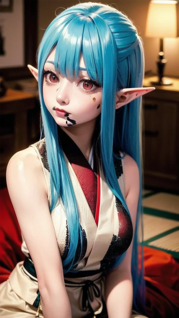 RAW, Realism, hyperrealism, ray tracing, high details, super detail, UHD, 8k, professional photograph, movie photograph, medium shot, Female elf, twenty years old, night, athletic body, soft facial features, long hair, straight hair, (((pacific cyan hair))), (((red eyes faded to yellow))), japanese female uniform, traditional japanese village