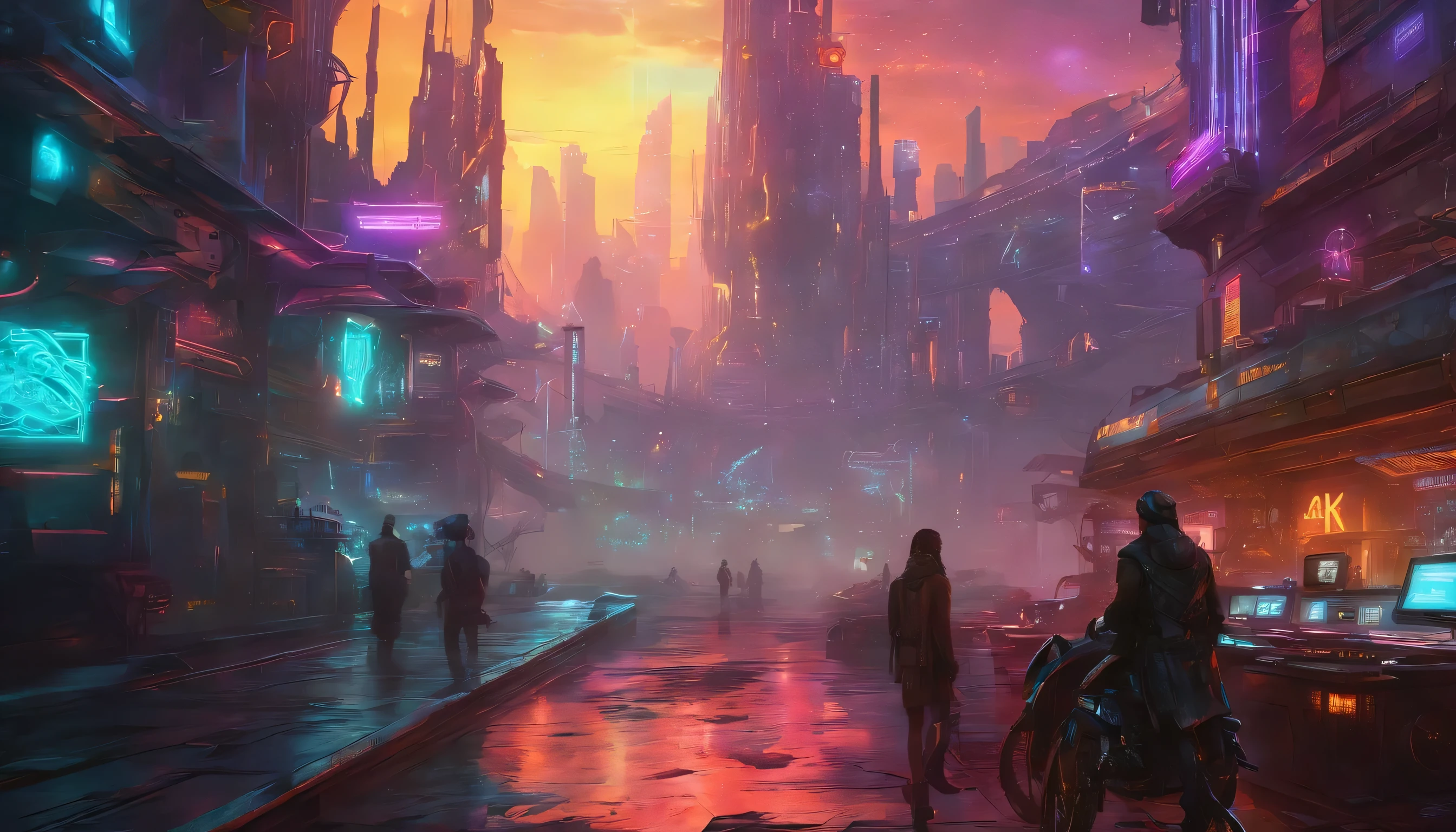 (great,amazing,incredible,wonderful:1.2,beautiful:1.1) cyberpunk wallpaper, (ultra-detailed,highres,4k,8k:1.2) art piece, (futuristic,sci-fi:1.1) cityscape with (glowing,neon) lights and (dense,skyscrapers:0.9), (dynamic,fast-paced) atmosphere, (rainy,stormy) weather with (reflective,wet) streets, (hovering,flying) vehicles and (futuristic,motorbikes,hoverboards), (technological,mechanical) implants on characters' bodies, (holographic,digital) displays and (augmented,enhanced) reality elements, (grim,dystopian) mood with (dark) alleys and (murky,smoky) atmosphere, (rebellious,revolutionary) individuals dressed in (punk,cyber) fashion, (cool,edgy) hairstyles and (glowing,luminous) tattoos, (cybernetic,enhanced) prosthetics and (glowing) cyber eyes, vibrant (cyberpunk, neon) color palette, (ominous,industrial) soundscapes in the background.