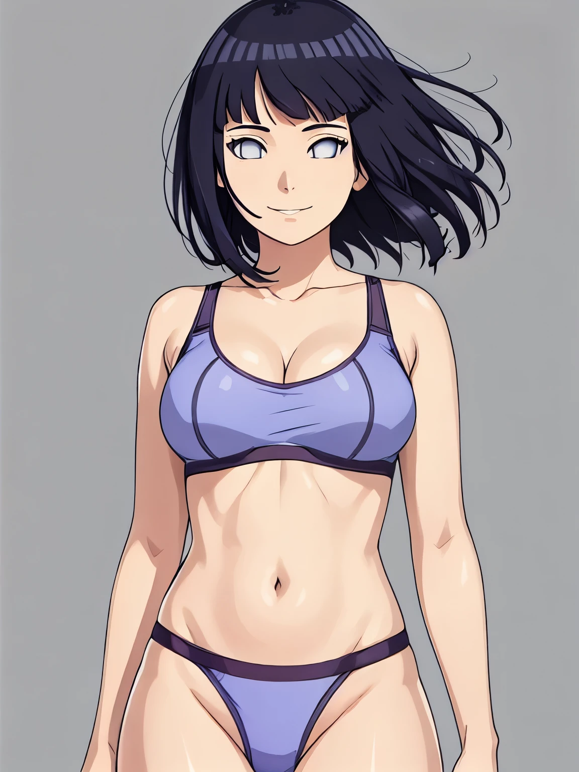 (hinata\(boruto\), (high quality, anime), ((wrestling outfit: premium bra for wrestling, sport arm strap, thong for wrestling)), ((slender woman, off-shoulders, (long belly), thick arms, super detailed body, smile)), ((pointing)), (medium-big breasts, cleavage), closed mouth), tan skin, ((floating hair, dark blue, short hair, hime cut، loose hair), (background: simple white background only), (background: simple white background only, windy)
