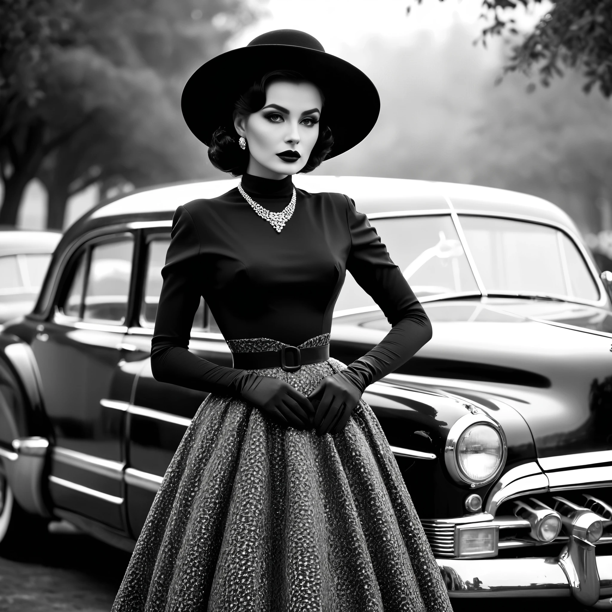 black and white high fashion photograph,bokeh,8k,1950's,glamour, a lady:elegant goth dress:cinched waists,wide-brimmed hat,gloves,standing in front of vintage car,contrast,intricate,elegant,masterpiece,monochrome