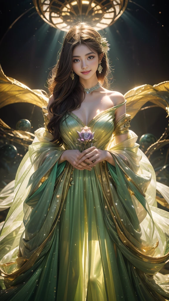 Full figure, seven -clinging shooting, 18 years old, wearing transparent science fiction green clothes, exquisite faces, details, hands, ultimate details, amazing magnificence, LED internal lighting, Pedaipan style, fiber hair, glowing ponk iris, glowing emerald green iris, standing,, slightly chubby ,smile