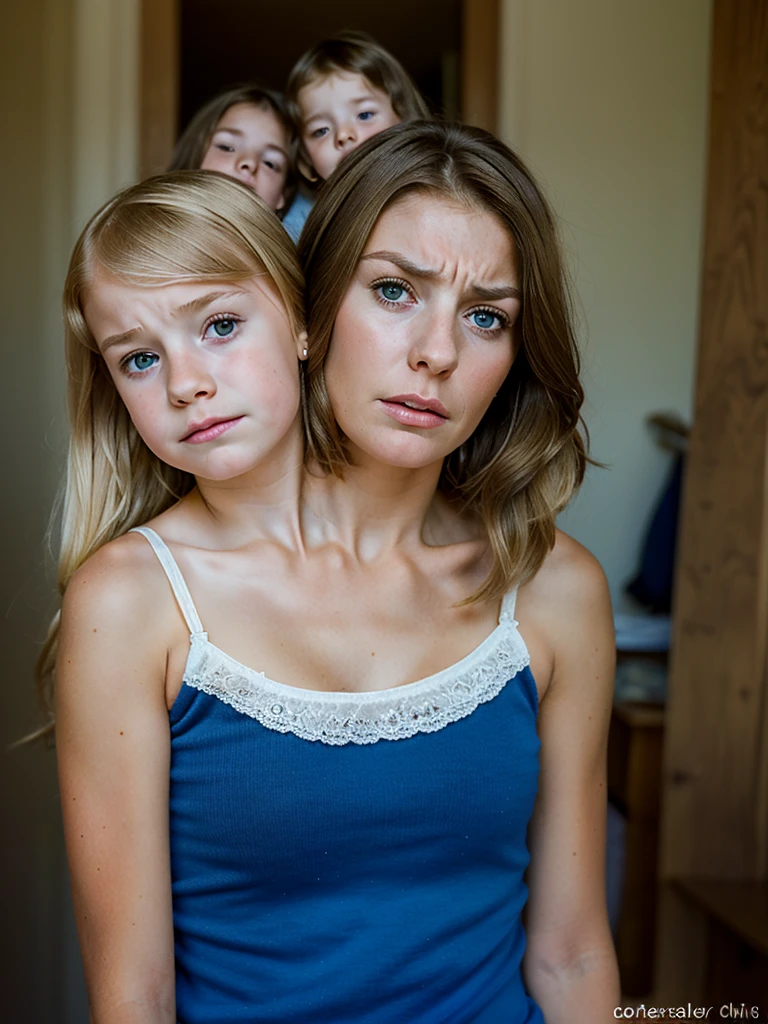 2heads, (one head child:1.5), (one head adult:1.5), (blonde and brunette:1.3), (uncomfortable and upset:1.4)