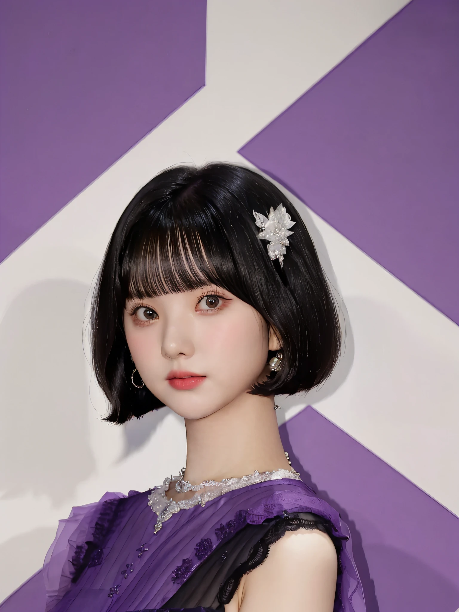 ((1girl)), bob haircut, fringe, black hair, ((purple dress)), short dress, white background, portrait 