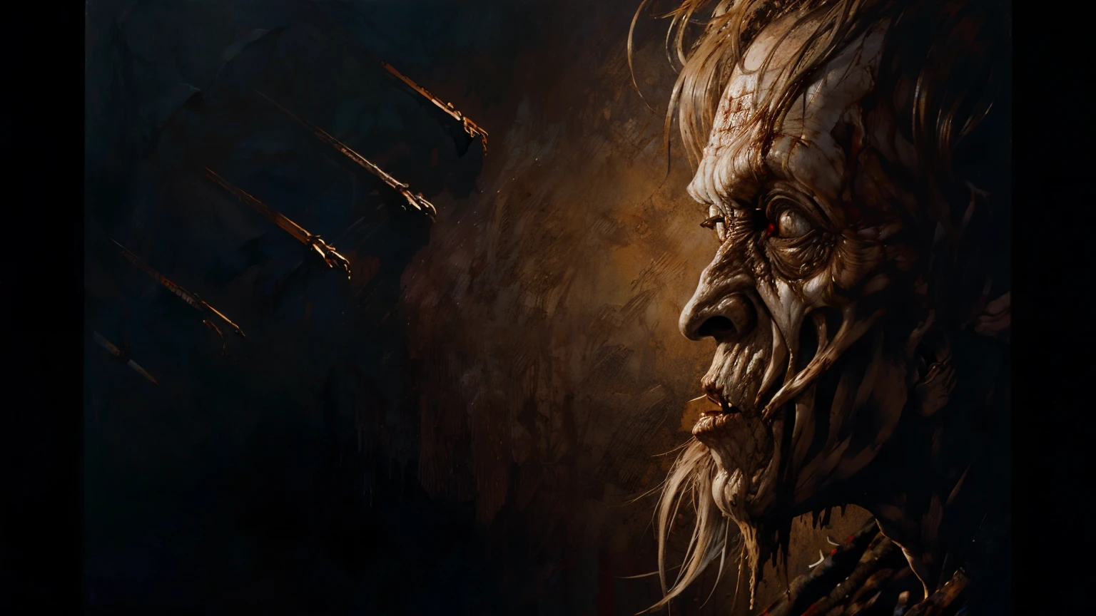 " Algo no prato, Pintura de Beksinsky, Bernie Wrightson, trends on Artstation, horror movie, pasta assustadora"